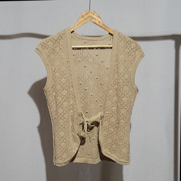 Ann Taylor LOFT crochet sweater vest open cardigan beige popcorn knit neutral - Picture 3 of 12